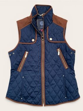 Vince Camuto Navy Quilted Vest with Brown Trim and Gold Hardware Medium